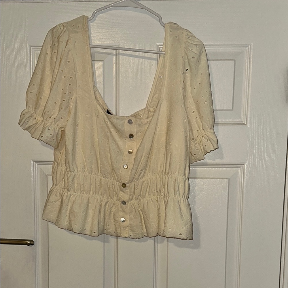 Forever 21 Cream Smocked Puff Sleeve Eyelet Crop Top